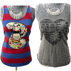 Women’s Red and Blue Graphic & Gray Tank Tops - Bundle of 2 Large